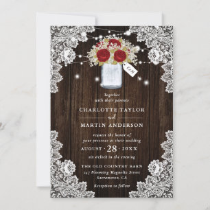 Invitation Dentelle rustique en bois Rouge Rose Mariage du so