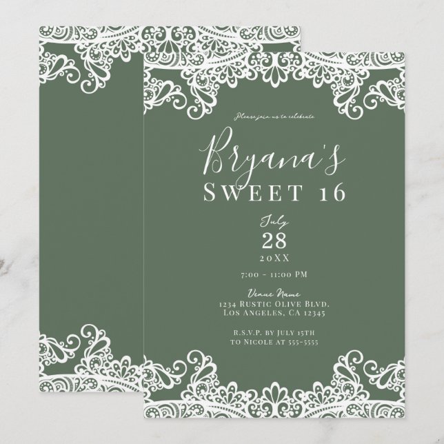 Invitation Dentelle rustique et blanche élégante sucrée 16 Pa (Devant / Derrière)