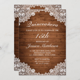 Invitation Dentelle rustique et blanche Tiara Quinceañera