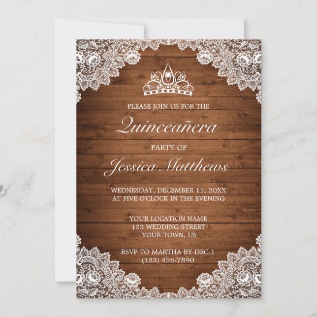 Invitation Dentelle rustique et blanche Tiara Quinceañera (Devant)