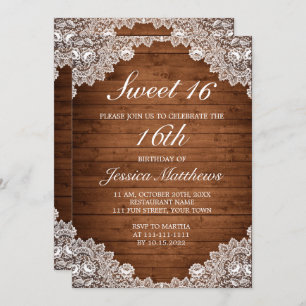 Invitation Dentelle rustique et blanche Tiara Sweet 16