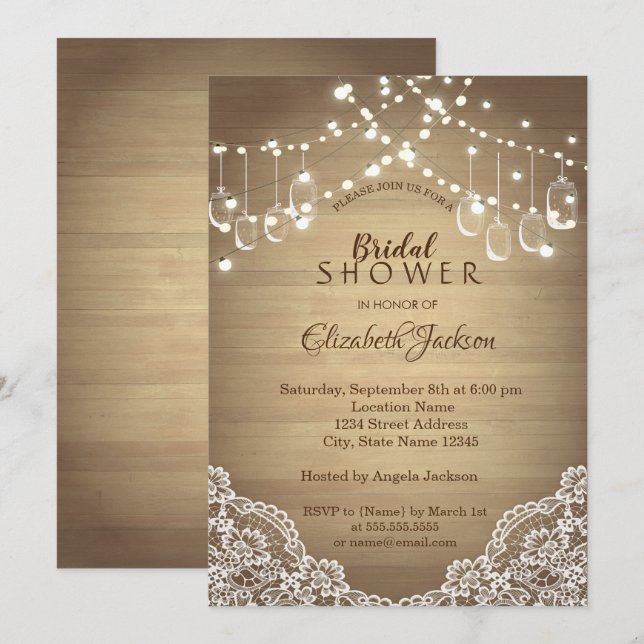 Invitation Dentelle Rustique, Jar Mason, Lumières À Cordes (Devant / Derrière)