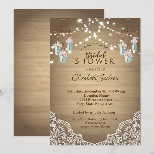 Invitation Dentelle Rustique, Jarre Mason Floral, Lumières À  (Devant / Derrière)