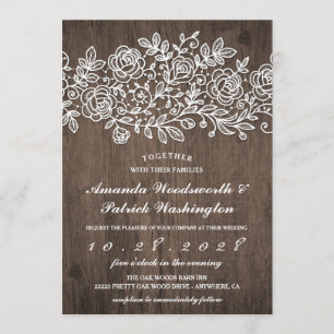 Invitation Dentelle rustique Pays Grange Bois Mariage Invitat