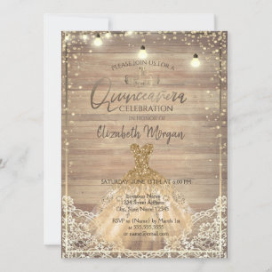 Invitation Dentelle rustique, Tiara, Lumières, Robe Bois Quin