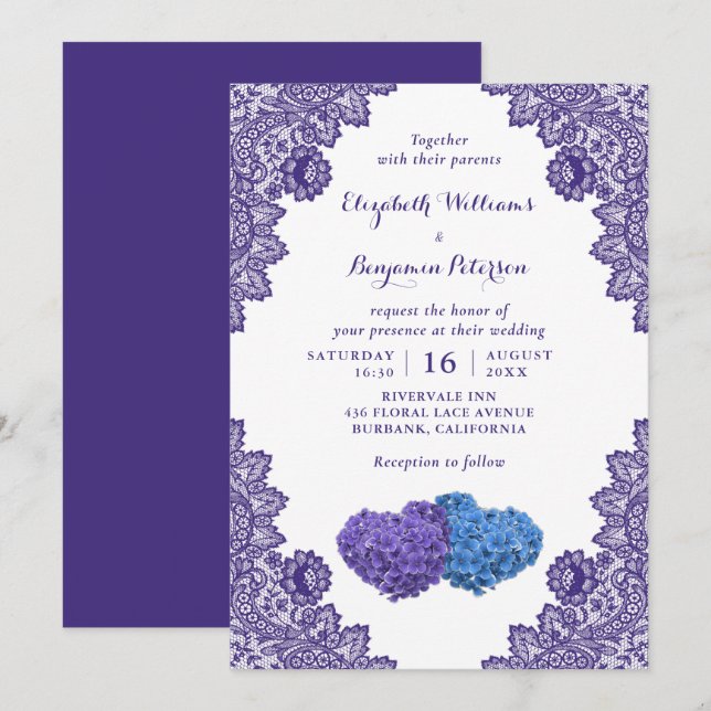 Invitation Dentelle rustique violet et Mariage floral bleu (Devant / Derrière)