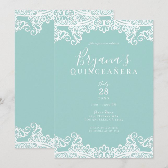 Invitation Dentelle Turquoise & Blanche Elégante Quinceañera  (Devant / Derrière)