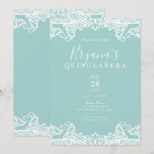 Invitation Dentelle Turquoise & Blanche Elégante Quinceañera 