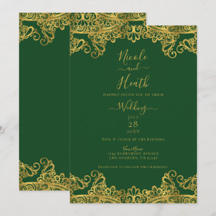 Invitation Dentelle vert foncé et or élégant mariage
