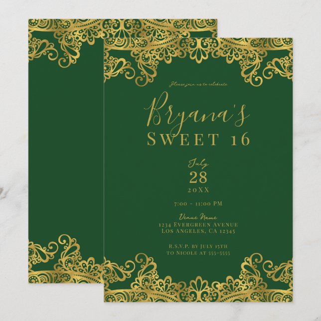 Invitation Dentelle vert foncé et or élégant Sweet 16 Party (Devant / Derrière)