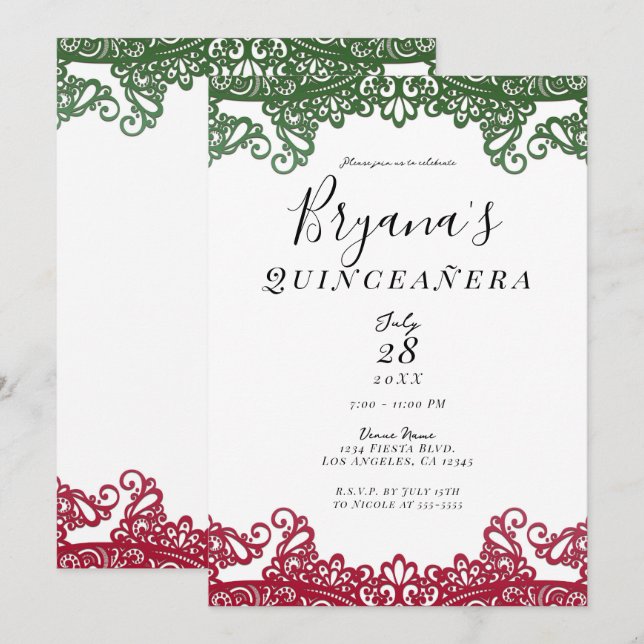 Invitation Dentelle verte et rouge Élégante 15ème Quinceañera (Devant / Derrière)