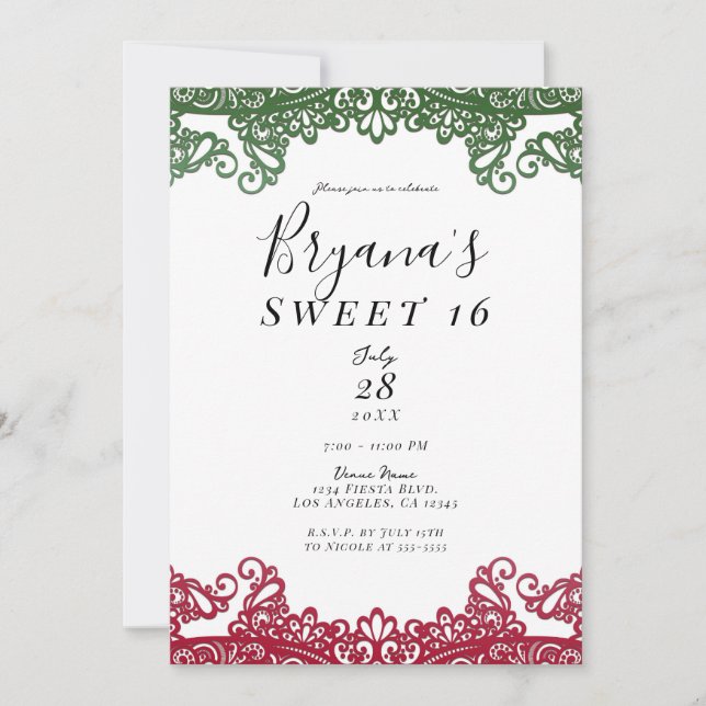 Invitation Dentelle verte et rouge élégante Fiesta Sweet 16 P (Devant)