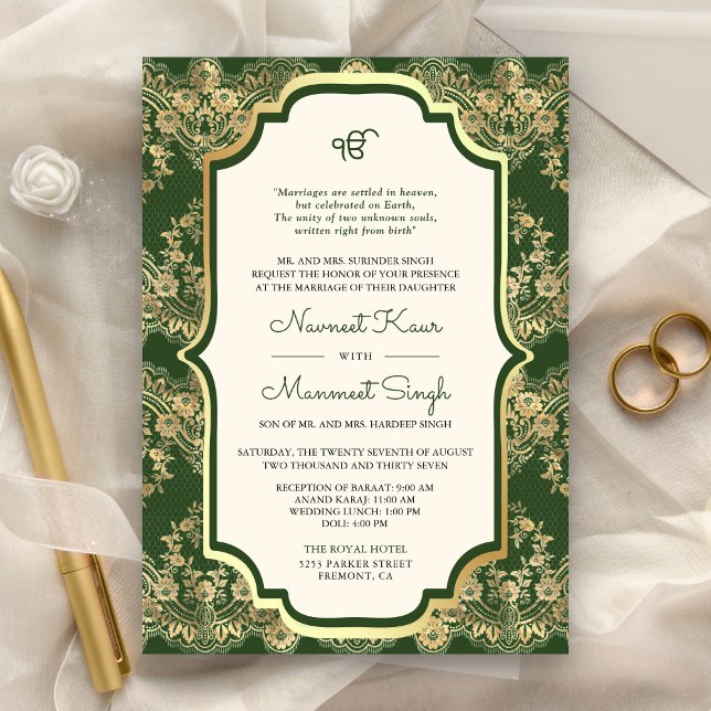Invitation Dentelle verte QR Code Anand Karaj Sikh Mariage (Créateur téléchargé)