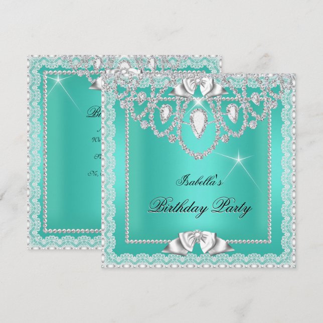 Invitation Dentelle verte turquoise Élégante Diamants Anniver (Devant / Derrière)