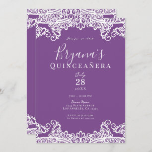 Invitation Dentelle violette et blanche Elégante Quinceañera