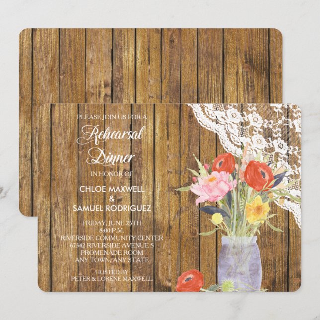 Invitation Dentelle Wood Mason Dîner de répétition Jar Invita (Devant / Derrière)