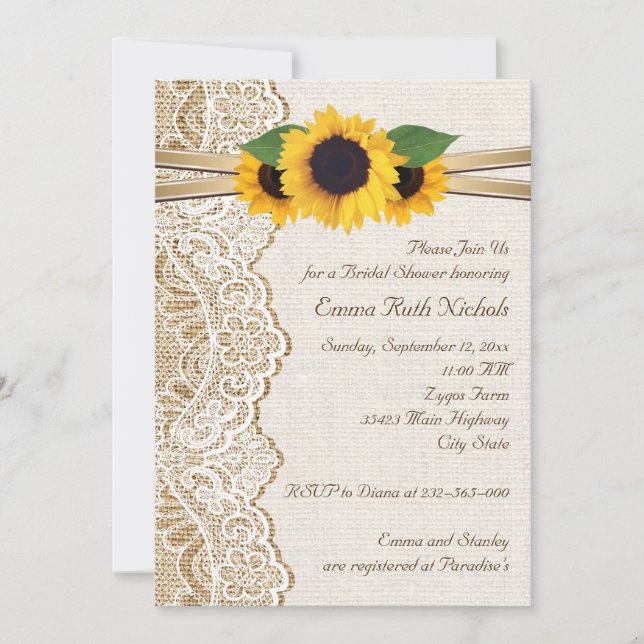 Invitation Dentelles et tournesols sur burlap mariage douche  (Devant)