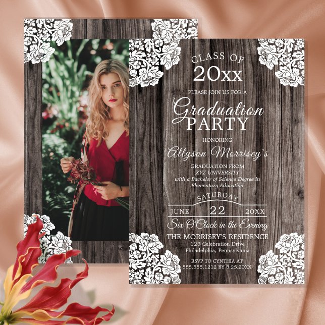 Invitation Dentelles | Rustic Wood Photo College Graduation P (Créateur téléchargé)