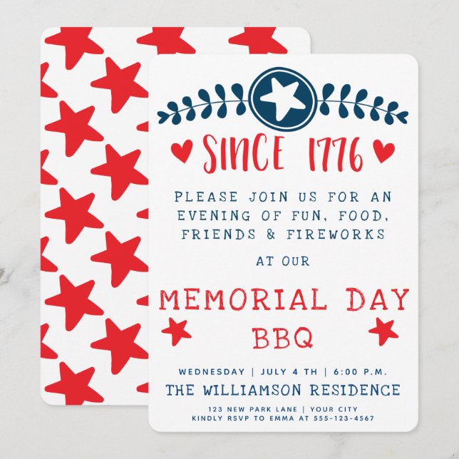 Invitation Depuis 1776 - American Pride / Memorial Day BBQ (Devant / Derrière)