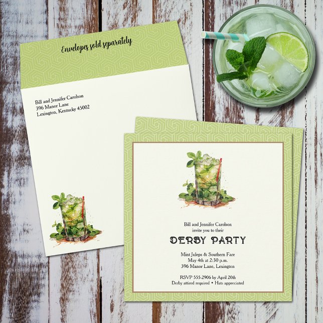 Invitation Derby au Julep à la menthe aquarelle (Watercolor Mint Julep Derby Square Invitations (Envelopes sold separately))