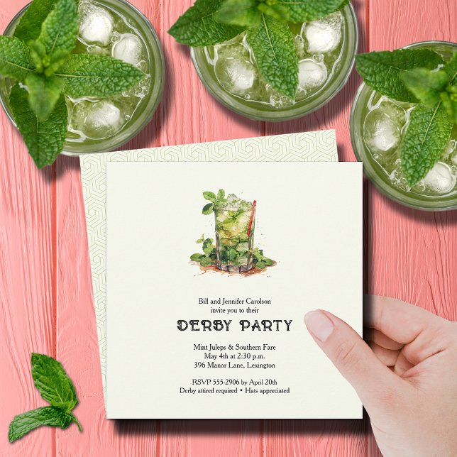 Invitation Derby au Julep de Menthe à l'Aquarelle (Watercolor Mint Julep Derby Party Square Invitations)