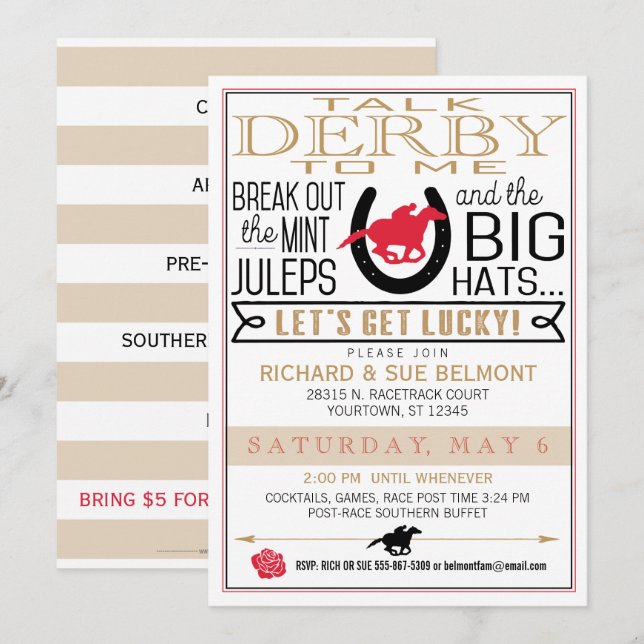 Invitation Derby Horse Racing Party Noir/Rouge/Or (Devant / Derrière)