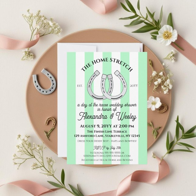 Invitation Derby Wedding shower Mint Cabana Stripes Horseshoe (Horse racing derby themed couples wedding shower with mint green stripes and horseshoes)