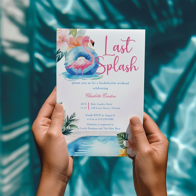 Invitation Dernier bain Flamant Bachelorette Week-end  (Last Splash Pool pool watercolor Pink flamingo tropical flower Bachelorette Weekend Invitation)