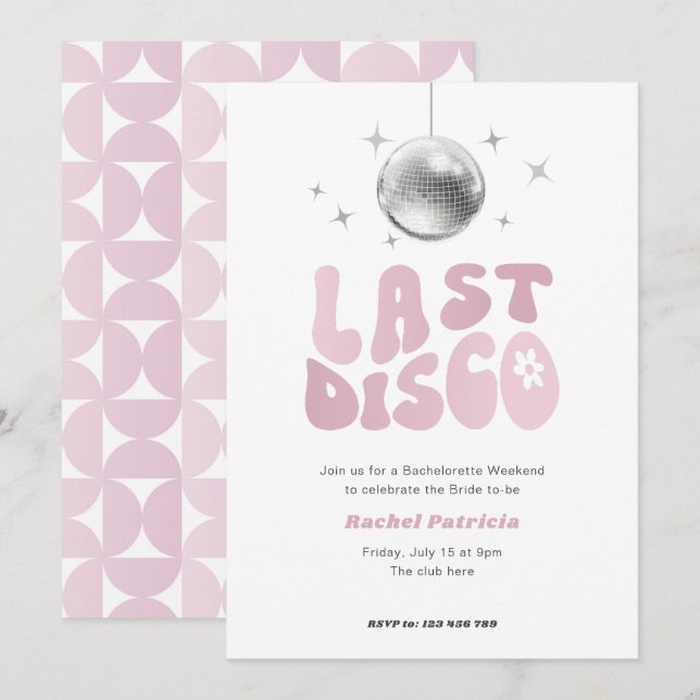 Invitation Dernier Disco, soirée bachelorette rétro disco (Devant / Derrière)