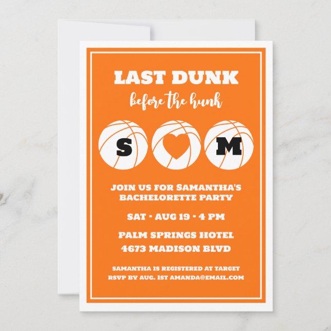 Invitation Dernier Dunk Avant Le Hunk Basketball Bachelorette (Devant)