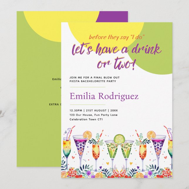 Invitation Dernier Fiesta Cocktails Fête des mariées Bachelor (Devant / Derrière)