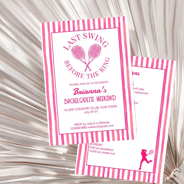 Invitation Dernier swing club de tennis de campagne Bachelore (Last swing pink tennis country club Bachelorette weekend itinerary Invitation editable template)