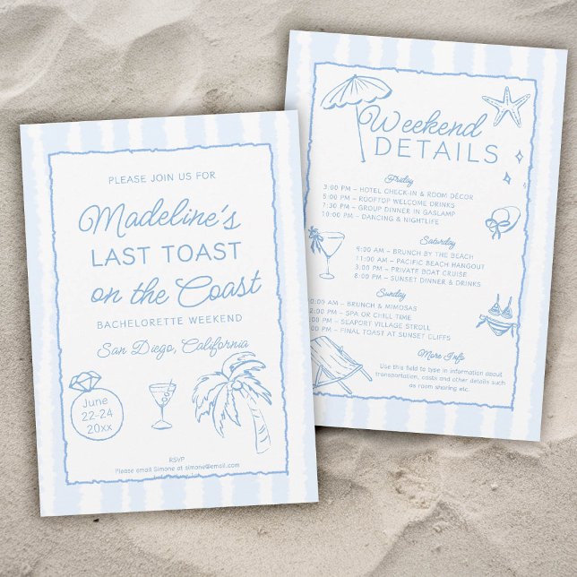Invitation Dernier toast sur la côte Bachelorette Party (last toast on the coast bachelorette party invitation invite itinerary hand drawn written stripes)