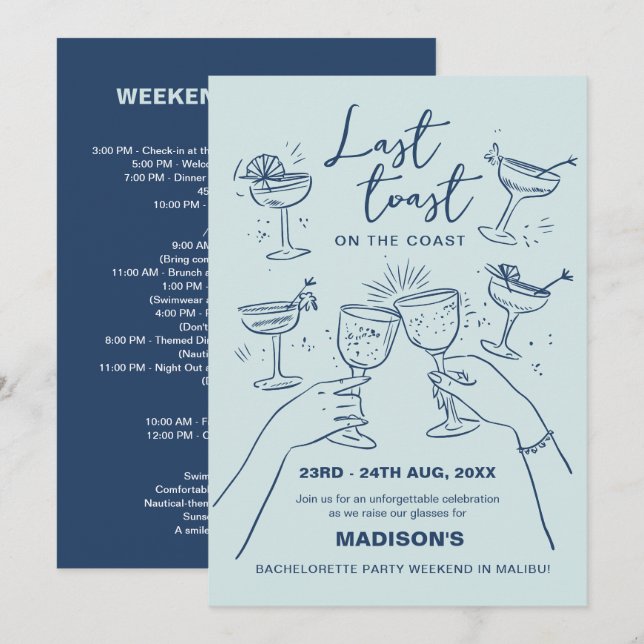 Invitation Dernier Toast sur la Côte Bachelorette Week-end (Devant / Derrière)
