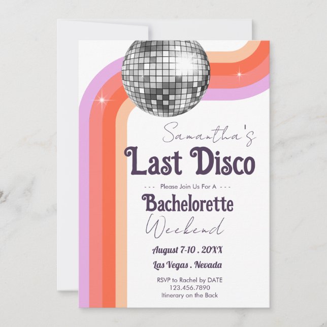 Invitation Dernier week-end de bachelorette disco et itinérai (Devant)