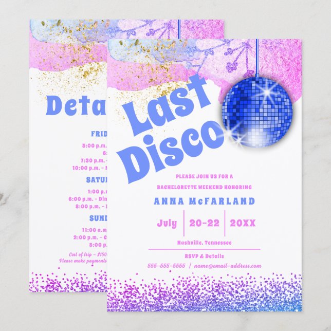 Invitation Dernière Disco Glam Rétro Bleu Rose Enterrement de (Devant / Derrière)