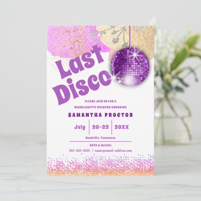 Invitation Dernière Disco Rétro Glam Purple Gold Bachelorette (Debout devant)