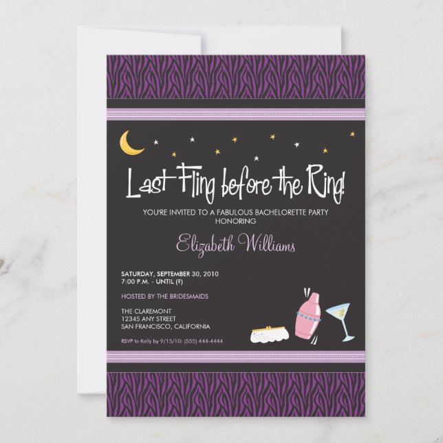 Invitation Dernière Fling Zebra Bachelorette (viol (Devant)