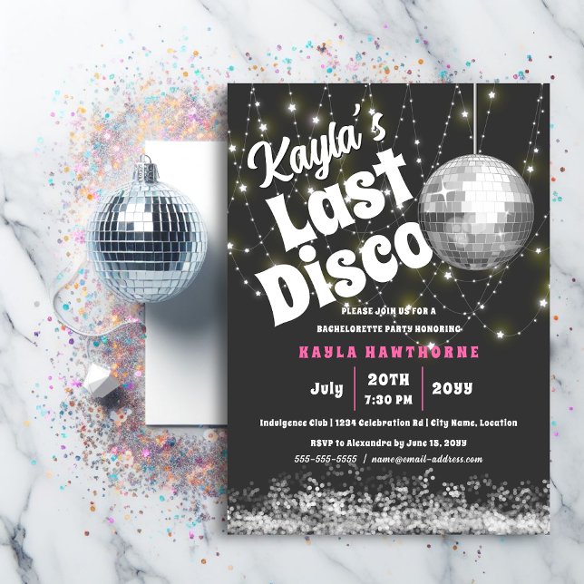 Invitation Dernière soirée de bachelorette Disco (Last Disco Bachelorette Party invitation front view.)
