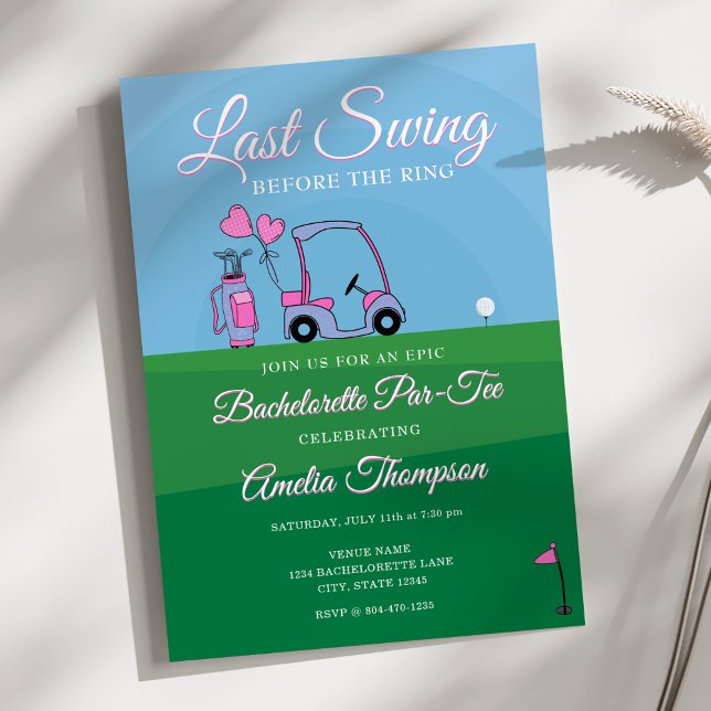 Invitation Dernière swing avant l'anneau ! Golf Bachelorette (Last Swing Before the Ring! Pink and Green Golf-Themed Bachelorette Party Invitation)