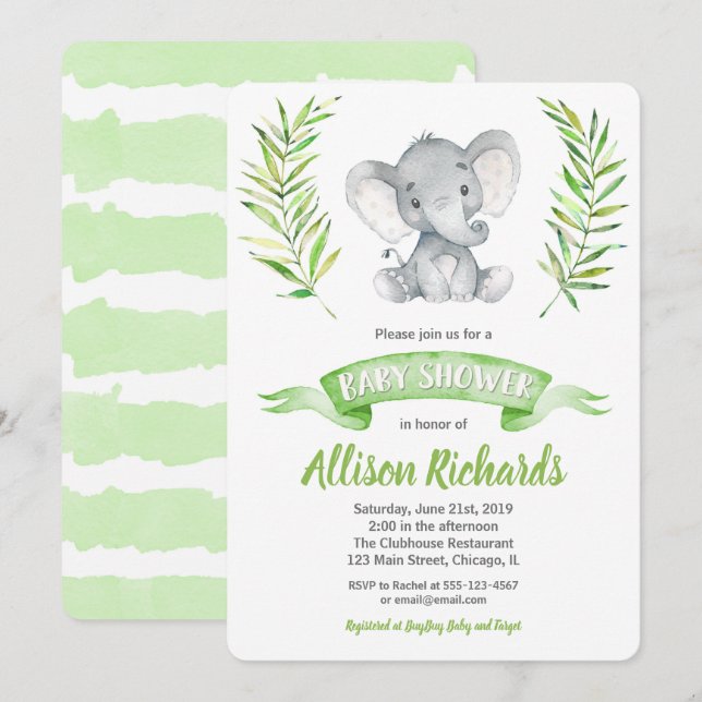 Invitation des baby showers éléphants sans distinc (Devant / Derrière)