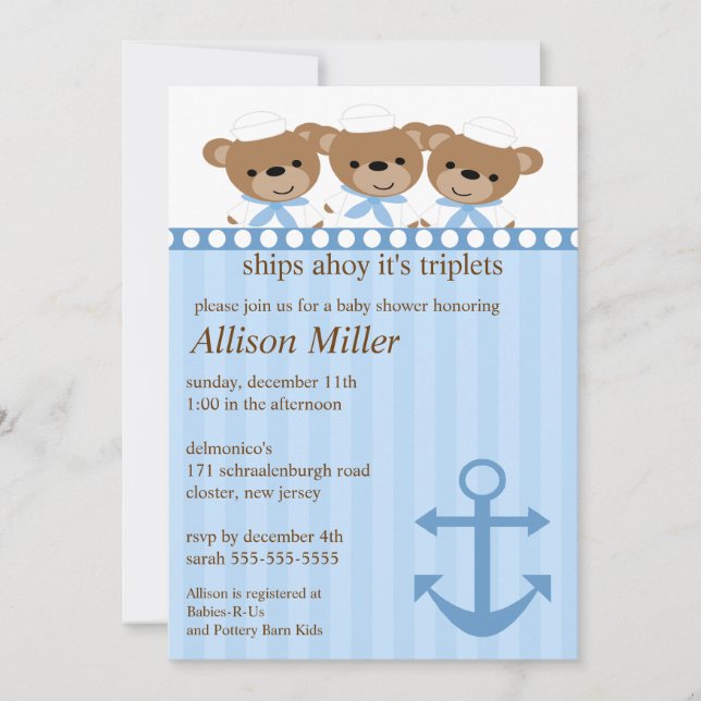 Invitation Des bateaux oh c'est le baby shower du TRIPLET (Devant)