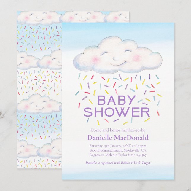 Invitation Des bonbons nuageux arrosent le baby shower d'aqua (Devant / Derrière)