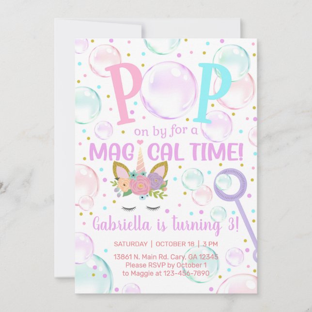 Invitation Des bulles éclatent par une licorne fille invitati (Devant)