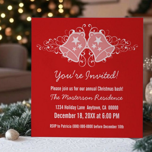 Invitation des cloches et des perles de vacances,  (Red Holiday Bells and Swirls Christmas Party Invitation)