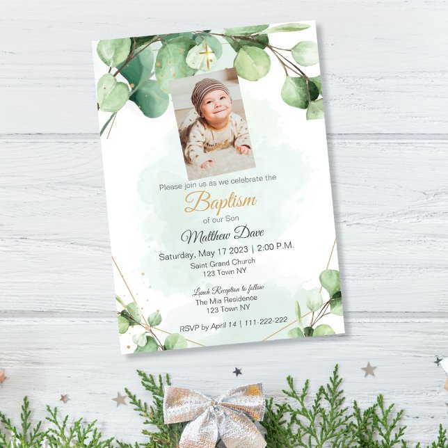 Invitation des feuilles verts de l'Eucalyptus (Eucalyptus Green Leaves Baptism Invitation)