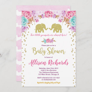 Invitation Des jeunes filles baby shower des éléphants en or 