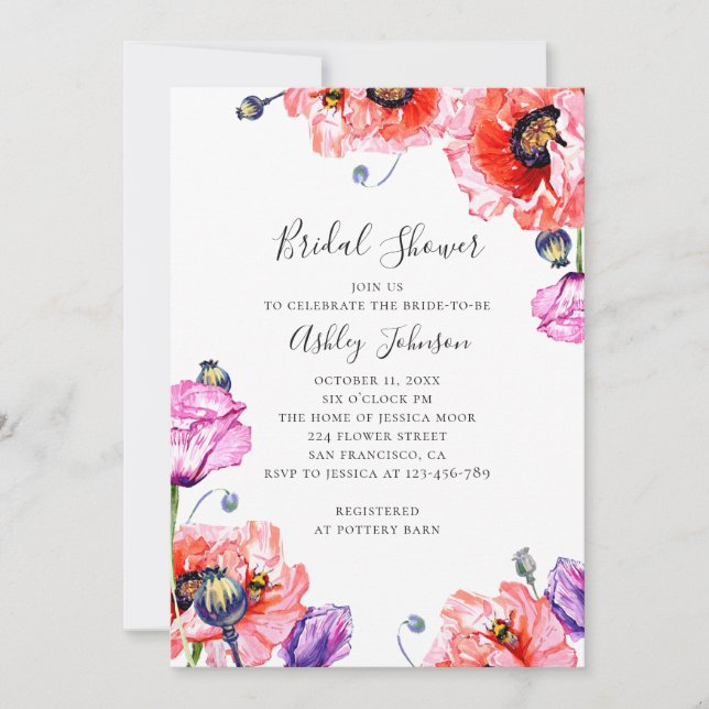 Invitation Des pavots. Douche nuptiale rouge aquarelle (Devant)