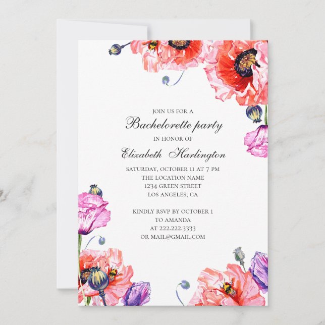 Invitation Des pavots. Fête de bachelortie de fleurs rouges d (Devant)