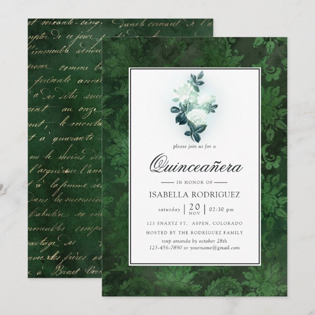 Invitation Des roses blanches étincelantes et des Damas verte (Devant / Derrière)
